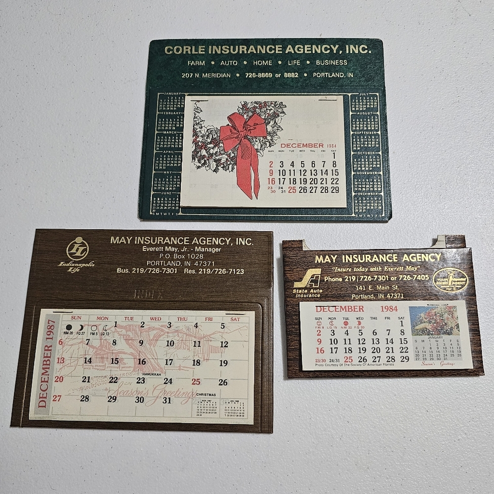 Vintage Insurance Calendars Portland Indiana 1980s May Corle BUNDLE of 3